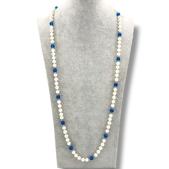 Vintage Hand Knotted Pearl Blue Lucite Gold Tone Satellite Bead Long Necklace - Picture 1 of 5